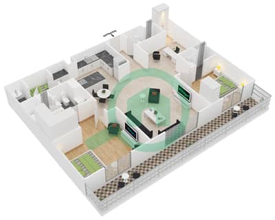 المخططات الطابقية لتصميم النموذج 3 شقة 2 غرفة نوم - برج يو بورا