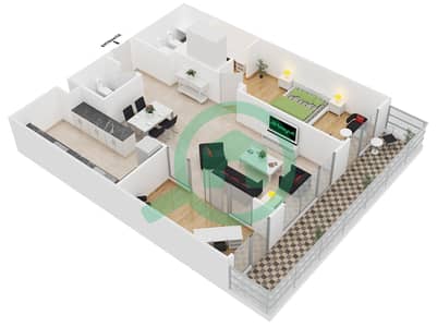 المخططات الطابقية لتصميم النموذج 2 شقة 1 غرفة نوم - برج يو بورا