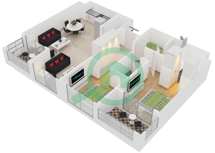 المخططات الطابقية لتصميم النموذج R شقة 2 غرفة نوم - برج ماي فير