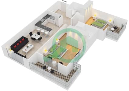 المخططات الطابقية لتصميم النموذج P شقة 2 غرفة نوم - برج ماي فير