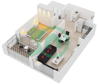 المخططات الطابقية لتصميم النموذج N شقة 1 غرفة نوم - برج ماي فير