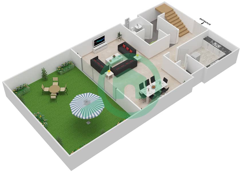 المخططات الطابقية لتصميم الوحدة 6 تاون هاوس 2 غرفة نوم - لوريتو A Ground Floor image3D