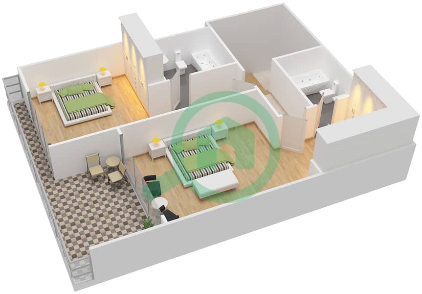المخططات الطابقية لتصميم الوحدة 6 تاون هاوس 2 غرفة نوم - لوريتو A First Floor image3D