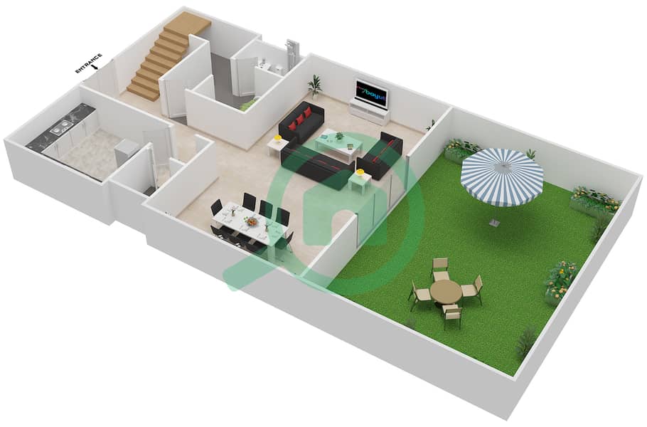 المخططات الطابقية لتصميم الوحدة 5 تاون هاوس 2 غرفة نوم - لوريتو A Ground Floor image3D