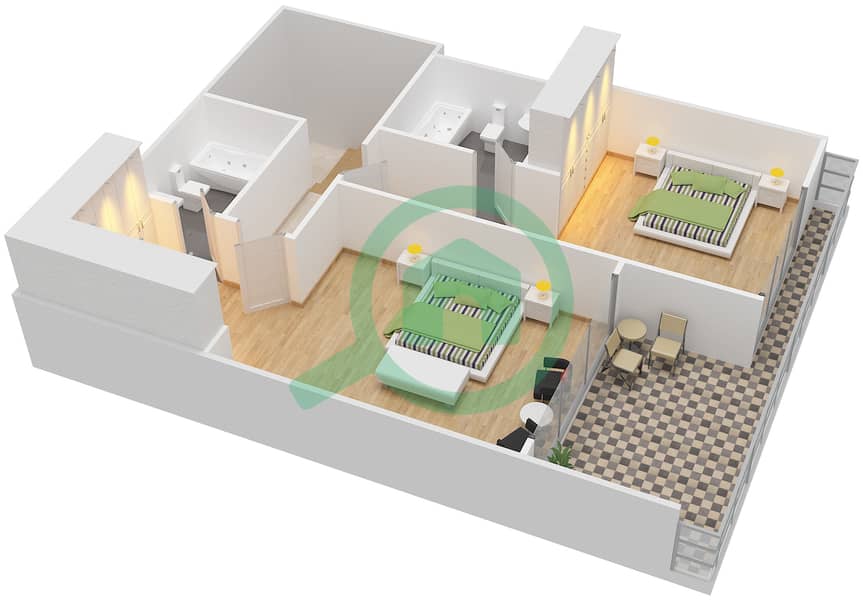 المخططات الطابقية لتصميم الوحدة 5 تاون هاوس 2 غرفة نوم - لوريتو A First Floor image3D