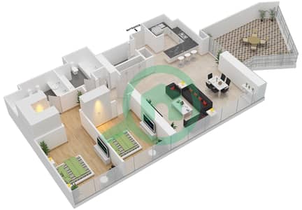 المخططات الطابقية لتصميم النموذج A FLOOR 34 شقة 2 غرفة نوم - برج سنترال بارك السكني