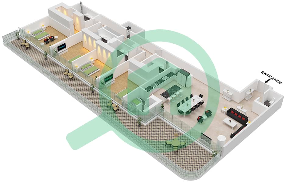 المخططات الطابقية لتصميم النموذج 1-A شقة 4 غرف نوم - سيرينا ليفنج برج 2 Type 1-A  Floor 1,3,5,7,9,11,13,15,17 interactive3D
