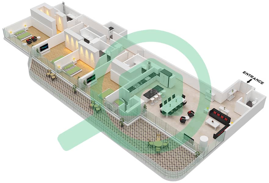 المخططات الطابقية لتصميم النموذج 1-B شقة 4 غرف نوم - سيرينا ليفنج برج 2 Type 1-B  Floor 2,4,6,8,10,12,14,16 interactive3D