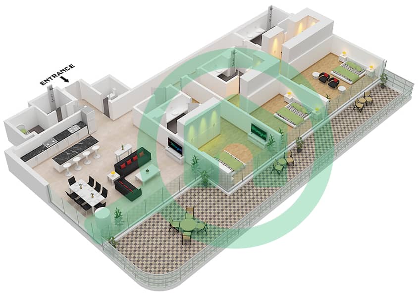 المخططات الطابقية لتصميم النموذج 2-A شقة 3 غرف نوم - سيرينا ليفنج برج 2 Type 2-A Floor 1,3,5,7,9,11,13,15,17 interactive3D