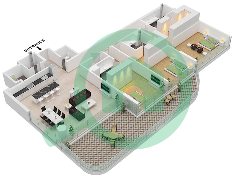 المخططات الطابقية لتصميم النموذج 2-B شقة 3 غرف نوم - سيرينا ليفنج برج 2 Type 2-B  Floor 2,4,6,8,10,12,14,16 interactive3D