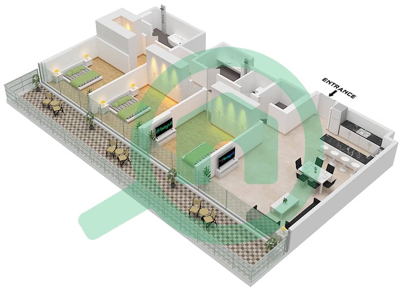 المخططات الطابقية لتصميم النموذج 4-A شقة 3 غرف نوم - سيرينا ليفنج برج 2 Type 4-A  Floor 1,3,5,7,9,11,13,15 interactive3D
