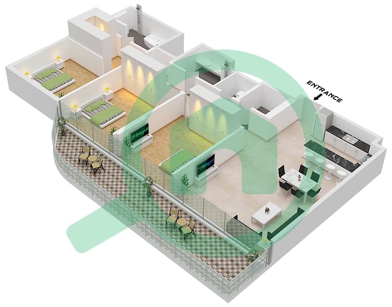 المخططات الطابقية لتصميم النموذج 4-B شقة 3 غرف نوم - سيرينا ليفنج برج 2 Type 4- B Floor 2,4,6,8,10,12,14,16 interactive3D