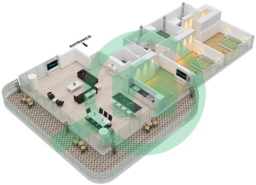 المخططات الطابقية لتصميم النموذج 5-B شقة 3 غرف نوم - سيرينا ليفنج برج 2 Type 5- B  Floor 2,4,6,8,10,12,14,16 interactive3D