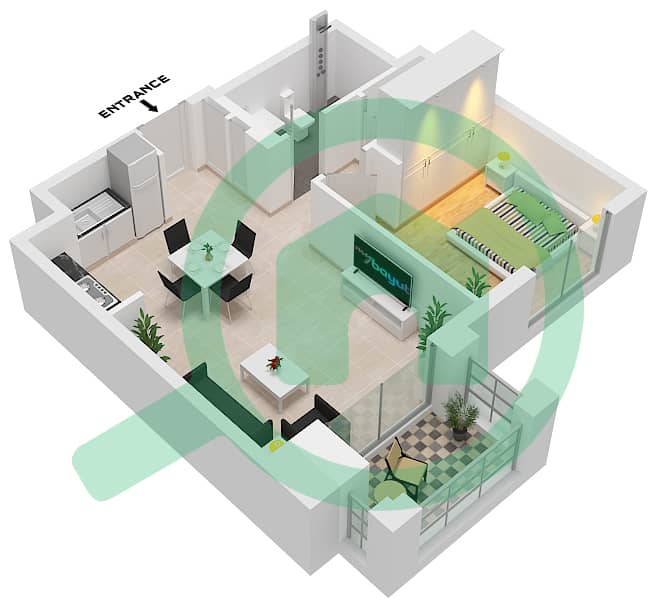 溪畔玫瑰柔情2号大厦 - 1 卧室公寓单位1 FLOOR 1-8戶型图 interactive3D