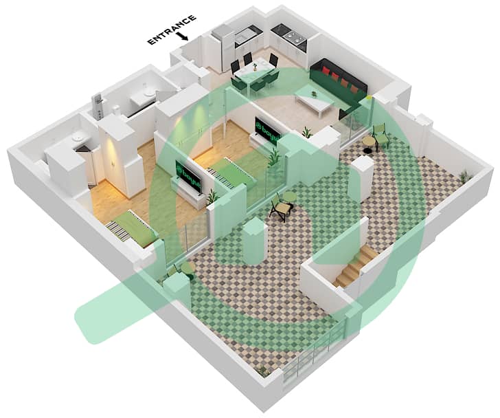 المخططات الطابقية لتصميم الوحدة 1 FLOOR GROUND شقة 2 غرفة نوم - روزواتر 2 خور دبي Unit 1 Ground Floor interactive3D