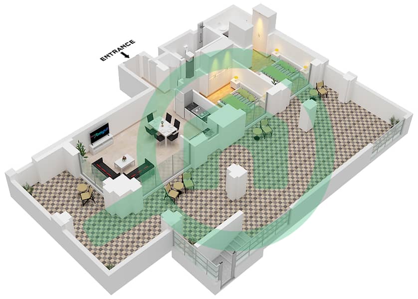 المخططات الطابقية لتصميم الوحدة 3 FLOOR GROUND شقة 2 غرفة نوم - روزواتر 2 خور دبي Unit 3 Ground Floor interactive3D