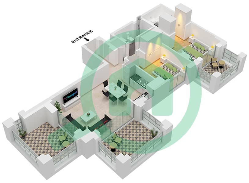 溪畔玫瑰柔情2号大厦 - 2 卧室公寓单位5 FLOOR 1戶型图 Unit 5 Floor 1 interactive3D