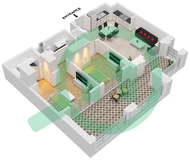 溪畔玫瑰柔情2号大厦 - 2 卧室公寓单位2 FLOOR 1戶型图 Unit 2 Floor 1 interactive3D