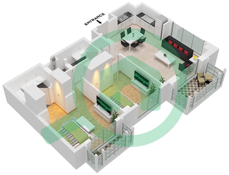 溪畔玫瑰柔情2号大厦 - 2 卧室公寓单位3 FLOOR 9-10戶型图 Unit 3 Floor 9-10 interactive3D