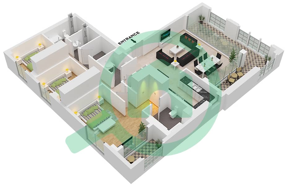 溪畔玫瑰柔情2号大厦 - 3 卧室公寓单位1 FLOOR 11戶型图 Unit 1 Floor 11 interactive3D