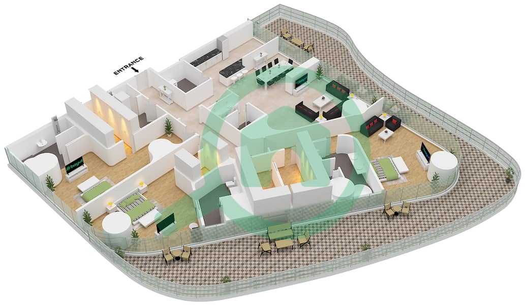 المخططات الطابقية لتصميم الوحدة 3 FLOOR 30-31 شقة 3 غرف نوم - بوجاتي ريزيدنس من بن غاطي Unit 3 Floor 30-31 interactive3D