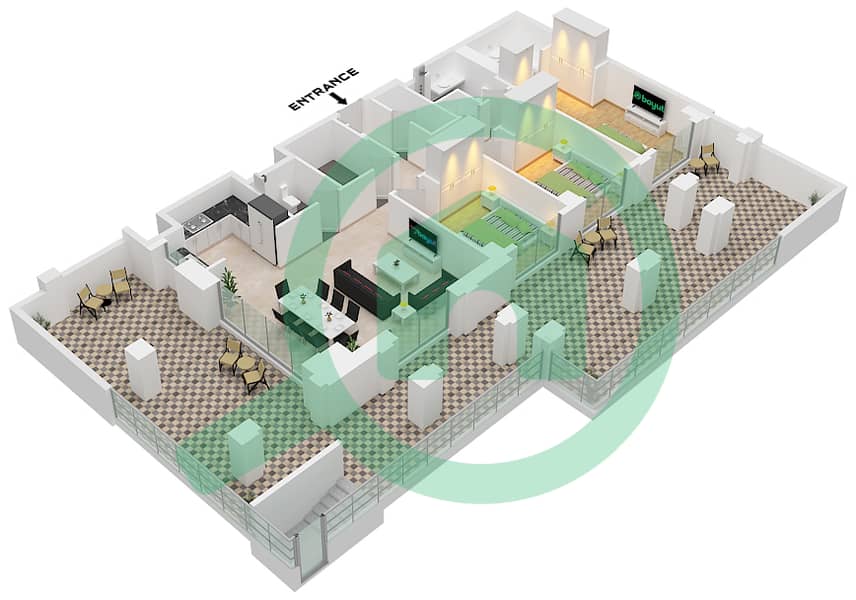 المخططات الطابقية لتصميم الوحدة 1 FLOOR GROUND-1 شقة 3 غرف نوم - روزواتر على شاطئ الخور بناية 1 Unit 1 Floor Ground-1 interactive3D