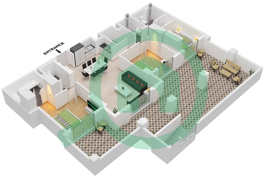 溪畔玫瑰柔情1号大厦 - 3 卧室公寓单位2 FLOOR GROUND戶型图 Unit 2 Floor Ground interactive3D