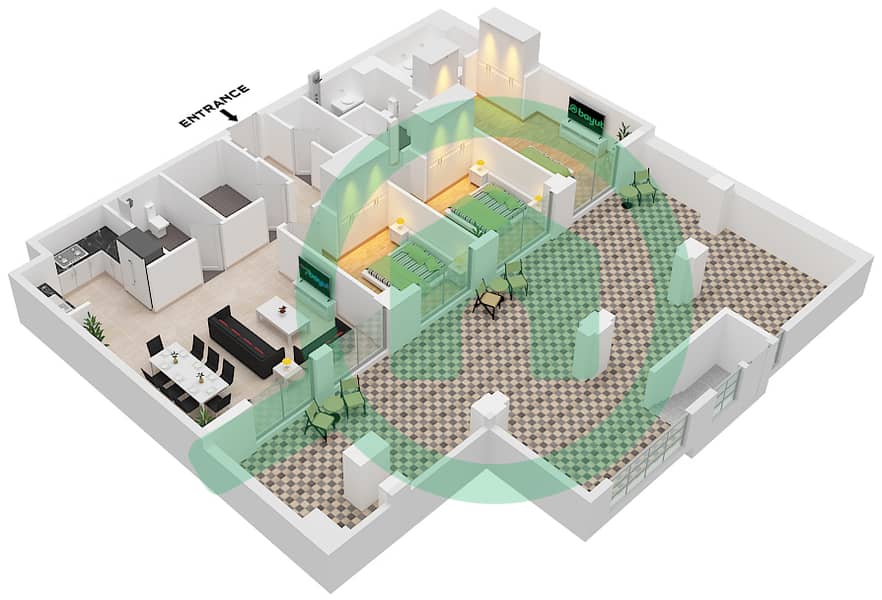 المخططات الطابقية لتصميم الوحدة 3 FLOOR GROUND شقة 3 غرف نوم - روزواتر على شاطئ الخور بناية 1 Unit 3 Floor Ground interactive3D