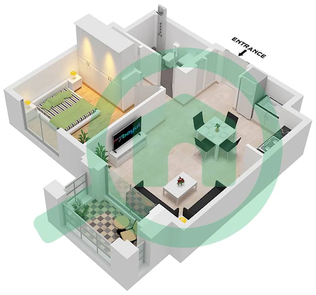 المخططات الطابقية لتصميم الوحدة 1 FLOOR 1-7 شقة 1 غرفة نوم - روزواتر على شاطئ الخور بناية 1 Unit 1 Floor 1-7 interactive3D