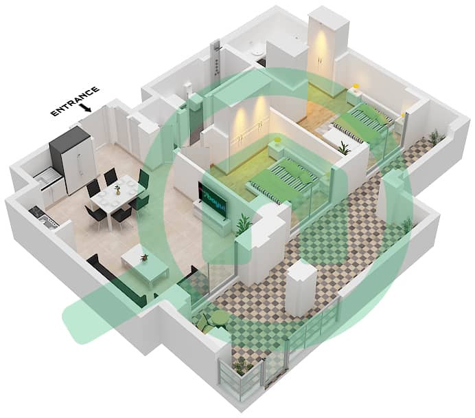 المخططات الطابقية لتصميم الوحدة 3 FLOOR 1 شقة 2 غرفة نوم - روزواتر على شاطئ الخور بناية 1 Unit 3 Floor 1 interactive3D
