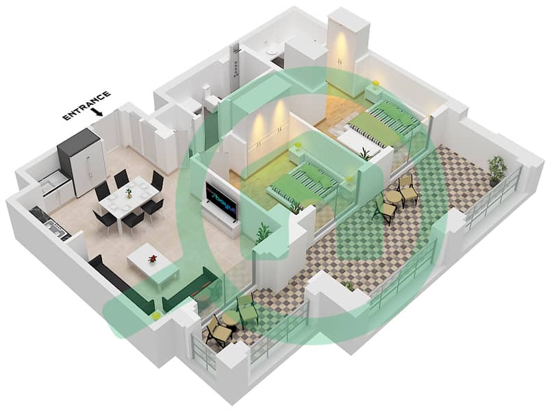 المخططات الطابقية لتصميم الوحدة 5 FLOOR 1 شقة 2 غرفة نوم - روزواتر على شاطئ الخور بناية 1 Unit 5 Floor 1 interactive3D