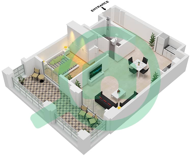 المخططات الطابقية لتصميم الوحدة 2 FLOOR 1 شقة 1 غرفة نوم - روزواتر على شاطئ الخور بناية 1 Unit 2 Floor 1 interactive3D