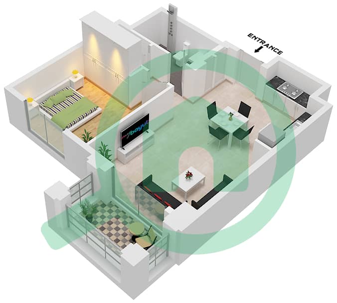المخططات الطابقية لتصميم الوحدة 2 FLOOR 2-7 شقة 1 غرفة نوم - روزواتر على شاطئ الخور بناية 1 Unit 2 Floor 2-7 interactive3D