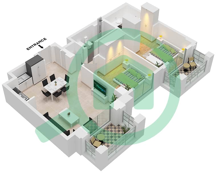 溪畔玫瑰柔情1号大厦 - 2 卧室公寓单位4 FLOOR 2-3戶型图 Unit 4 Floor 2-3 interactive3D