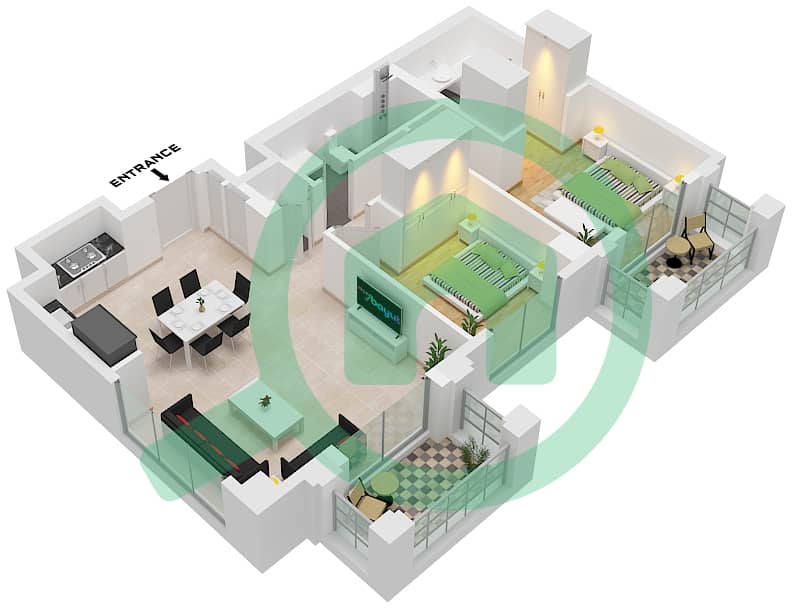 المخططات الطابقية لتصميم الوحدة 3 FLOOR 2 شقة 2 غرفة نوم - روزواتر على شاطئ الخور بناية 1 Unit 3 Floor 2 interactive3D