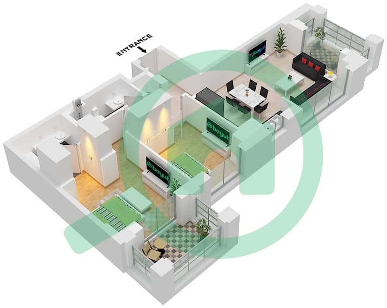 溪畔玫瑰柔情1号大厦 - 2 卧室公寓单位5 FLOOR 2-3戶型图 Unit 5 Floor 2-3 interactive3D