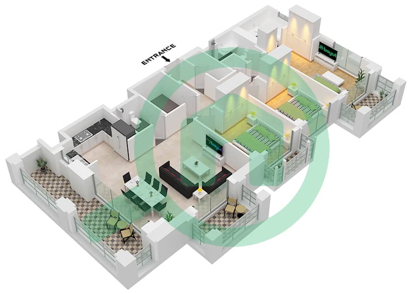 溪畔玫瑰柔情1号大厦 - 3 卧室公寓单位7 FLOOR 2戶型图 Unit 7 Floor 2 interactive3D