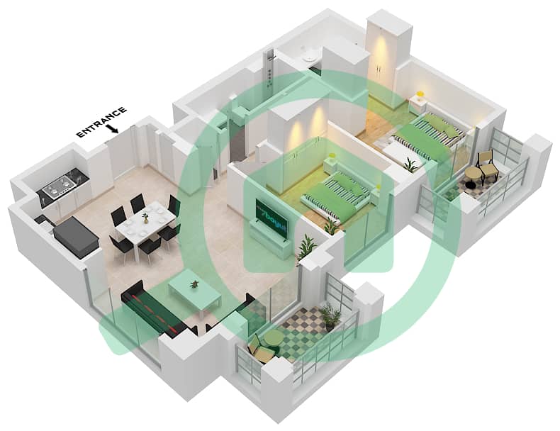 المخططات الطابقية لتصميم الوحدة 3 FLOOR 3 شقة 2 غرفة نوم - روزواتر على شاطئ الخور بناية 1 Unit 3 Floor 3 interactive3D