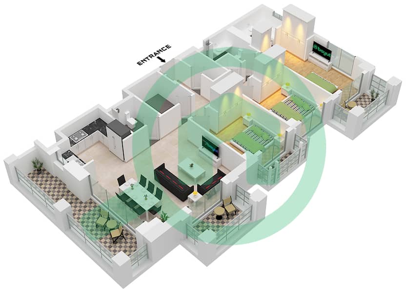المخططات الطابقية لتصميم الوحدة 7 FLOOR 3 شقة 3 غرف نوم - روزواتر على شاطئ الخور بناية 1 Unit 7 Floor 3 interactive3D
