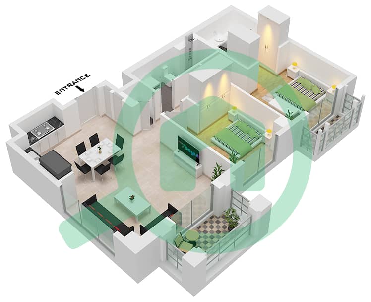 المخططات الطابقية لتصميم الوحدة 3 FLOOR 4-6 شقة 2 غرفة نوم - روزواتر على شاطئ الخور بناية 1 Unit 3 Floor 4-6 interactive3D