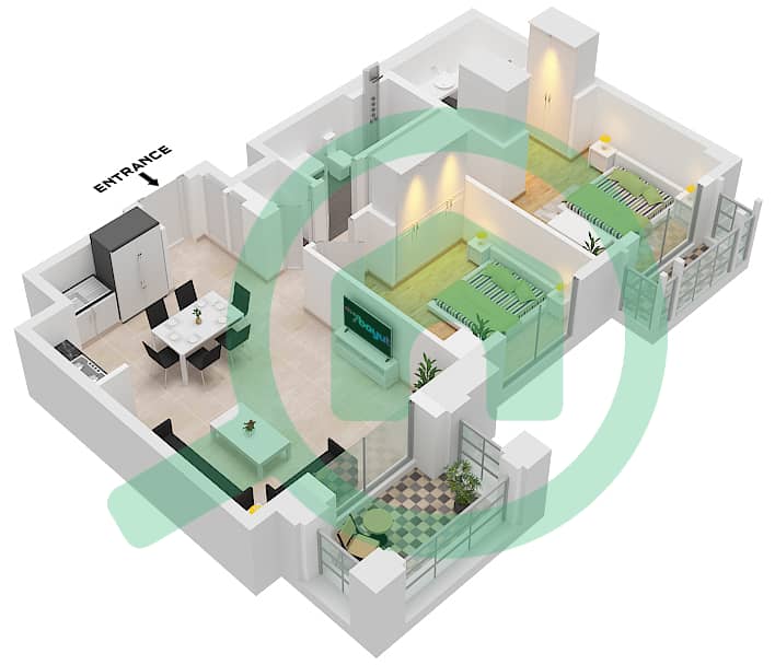 المخططات الطابقية لتصميم الوحدة 4 FLOOR 4-7 شقة 2 غرفة نوم - روزواتر على شاطئ الخور بناية 1 Unit 4 Floor 4-7 interactive3D