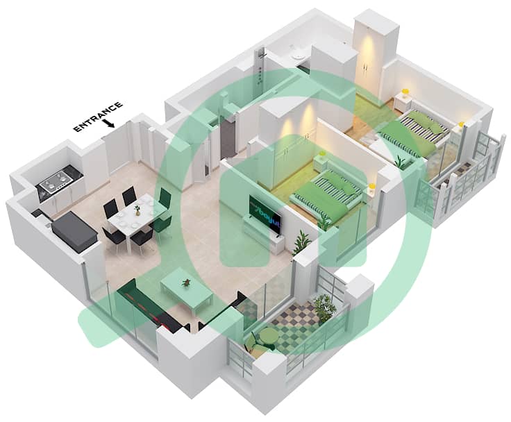 溪畔玫瑰柔情1号大厦 - 2 卧室公寓单位3 FLOOR 7戶型图 Unit 3 Floor 7 interactive3D