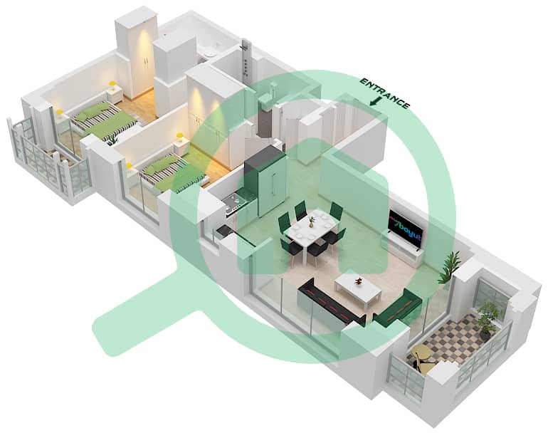 المخططات الطابقية لتصميم الوحدة 5 FLOOR 7 شقة 2 غرفة نوم - روزواتر على شاطئ الخور بناية 1 Unit 5 Floor 7 interactive3D