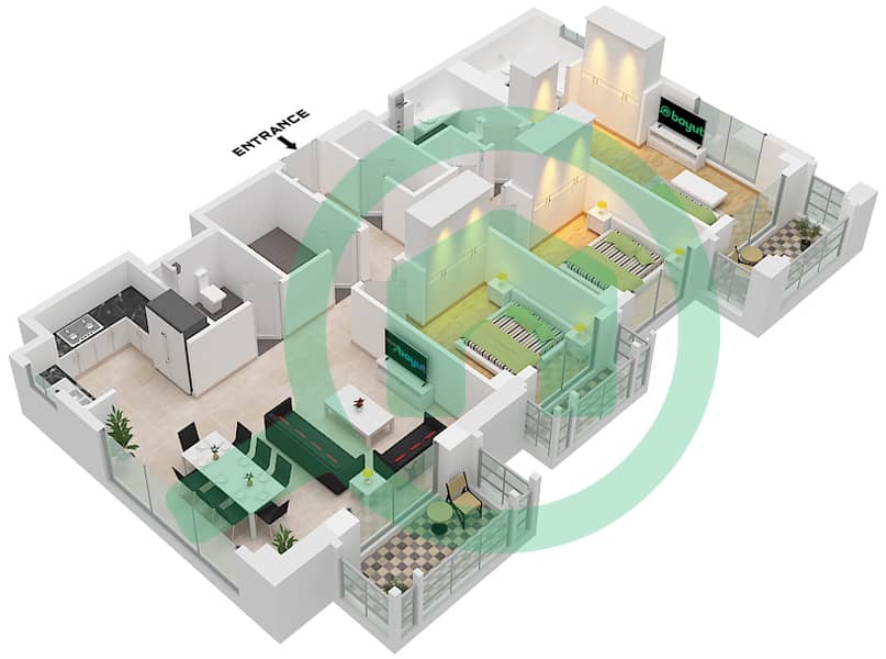المخططات الطابقية لتصميم الوحدة 7 FLOOR 8-9 شقة 3 غرف نوم - روزواتر على شاطئ الخور بناية 1 Unit 7 Floor 8-9 interactive3D