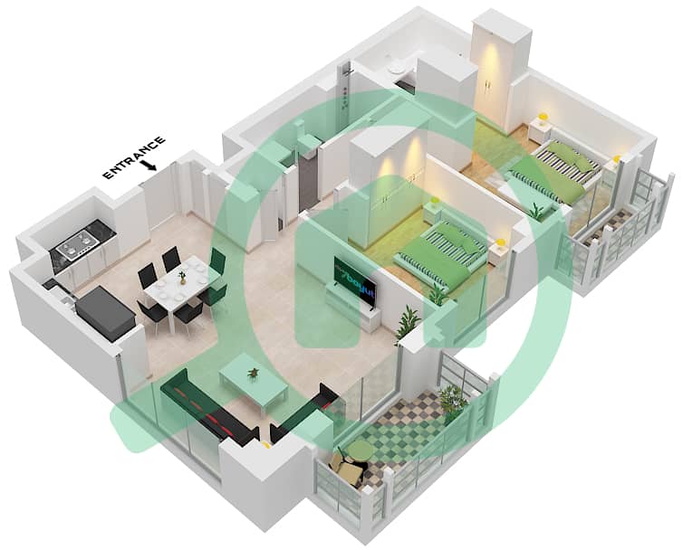 المخططات الطابقية لتصميم الوحدة 3 FLOOR 8-9 شقة 2 غرفة نوم - روزواتر على شاطئ الخور بناية 1 Unit 3 Floor 8-9 interactive3D