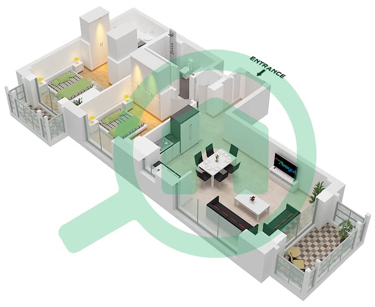 المخططات الطابقية لتصميم الوحدة 5 FLOOR 8-9 شقة 2 غرفة نوم - روزواتر على شاطئ الخور بناية 1 Unit 5 Floor 8-9 interactive3D