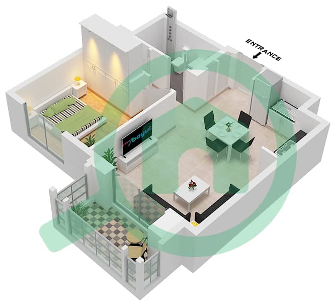 المخططات الطابقية لتصميم الوحدة 1 FLOOR 8-9 شقة 1 غرفة نوم - روزواتر على شاطئ الخور بناية 1 Unit 1 Floor 8-9 interactive3D