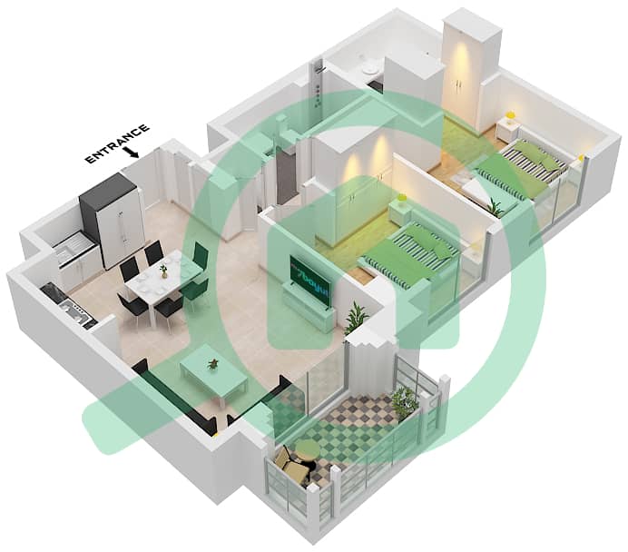 المخططات الطابقية لتصميم الوحدة 6 FLOOR 9 شقة 2 غرفة نوم - روزواتر على شاطئ الخور بناية 1 Unit 6 Floor 9 interactive3D