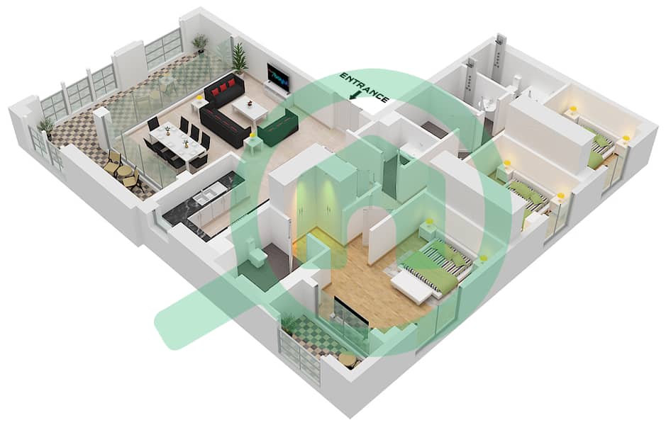 المخططات الطابقية لتصميم الوحدة 1 FLOOR 1 بنتهاوس 3 غرف نوم - روزواتر على شاطئ الخور بناية 1 Unit 1 Floor 1 interactive3D