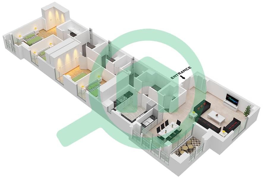 المخططات الطابقية لتصميم الوحدة 2 FLOOR 10 بنتهاوس 4 غرف نوم - روزواتر على شاطئ الخور بناية 1 Unit 2 Floor 10 interactive3D